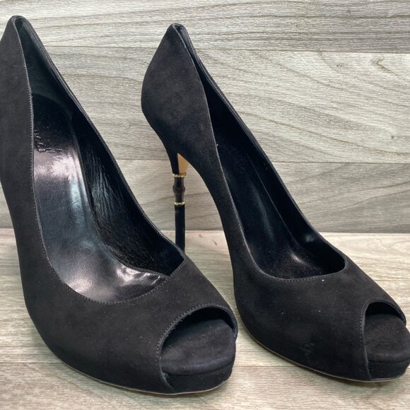 Gucci Black Suede Bamboo Heel Peep Toe Pumps Size 41 with Box - Picture 4 of 11